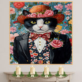 Floral Sophistication: Tuxedo Cat in a Flowery Hat and Elegant Suit Graceful Botanical Painting on Ready to Hang 1.5" Thick Canvas Wrap, Floating Framed Canvas, Flat Rolled Canvas